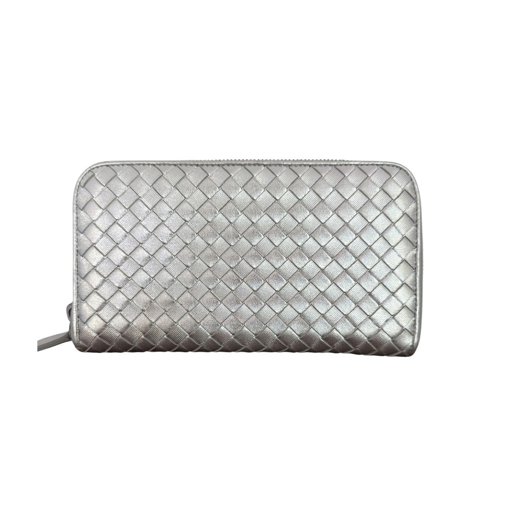 Bottega Veneta Intrecciato Metallic Silver Leather Zip Around Continental Wallet